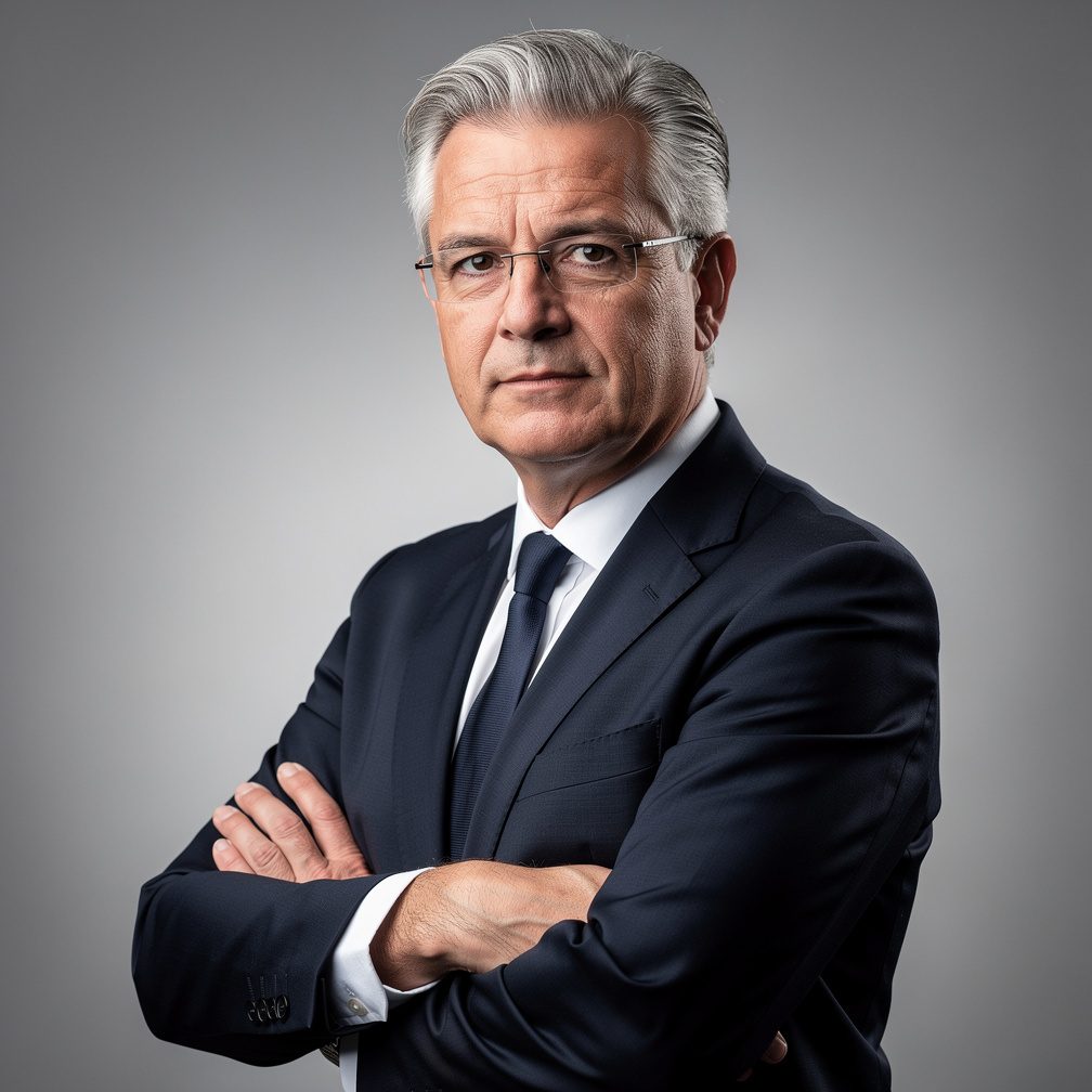 Studio portrait of an older Belgian man with glasses