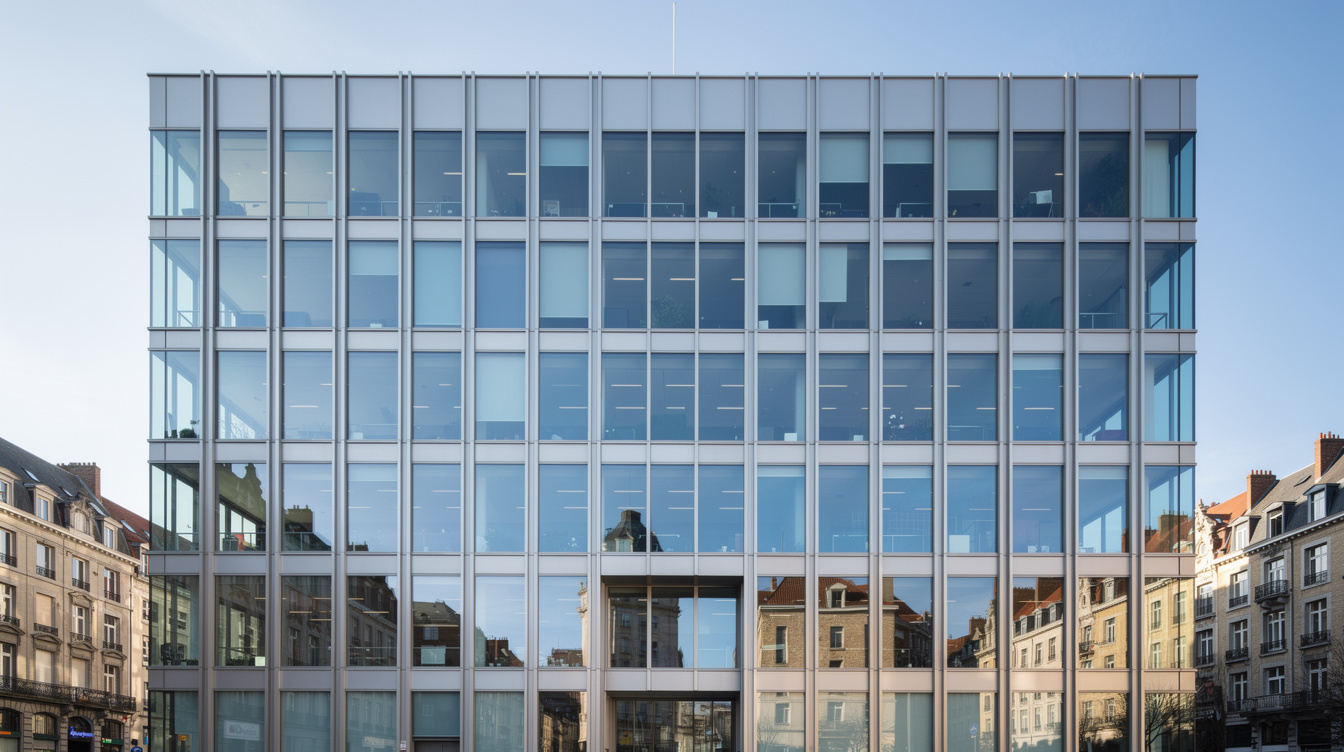 Modern glass office building facade in Belgium