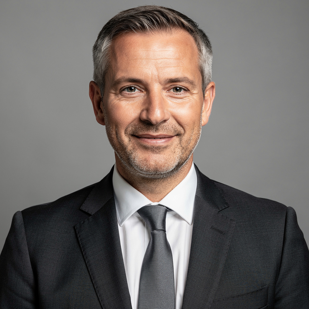 Studio portrait of a middle-aged Belgian man in a dark suit